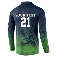 Cricket button sweatshirt back panel with Your Text 21, navy-to-green gradient pattern