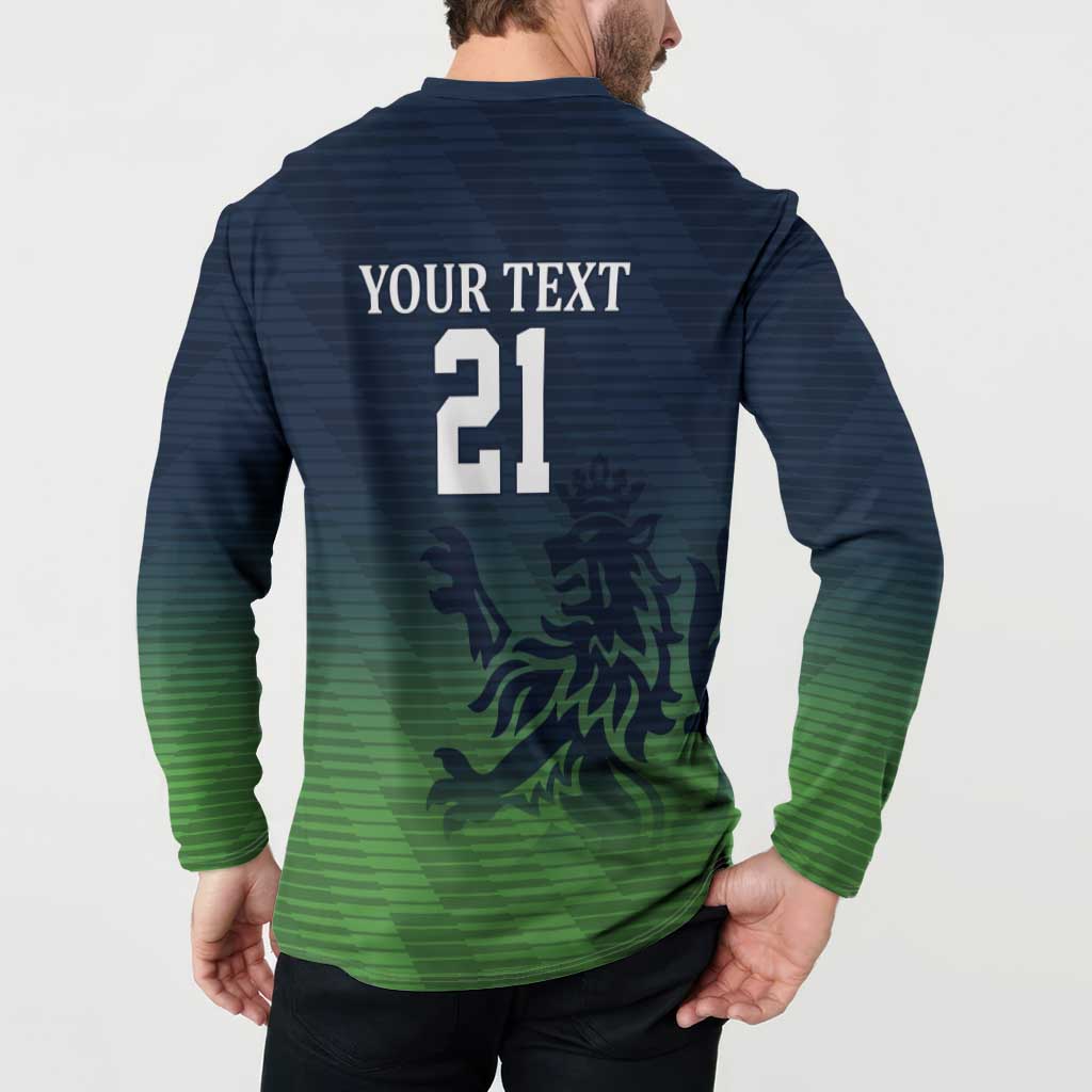 Cricket button sweatshirt on-model back, Your Text 21 on navy-to-green gradient