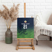 Custom Qatar cricket canvas wall art on display, green camo pattern with “Your Text” and 21.