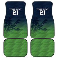 Set of 4 green car floor mats with sporty pattern and "YOUR TEXT 21"
