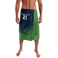 Green cricket lavalava with dark blue waistband, custom name text and number 21