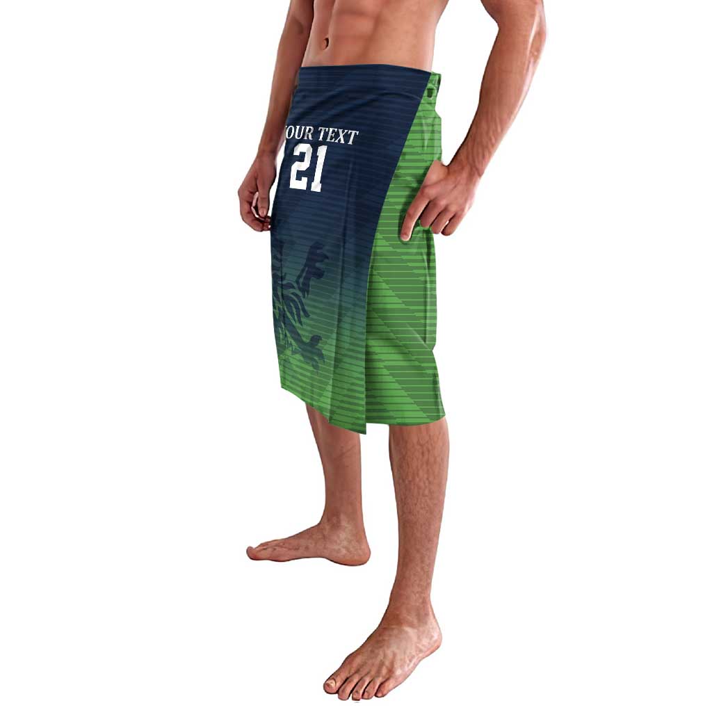Green cricket lavalava skirt with dark blue waistband, custom text and number 21