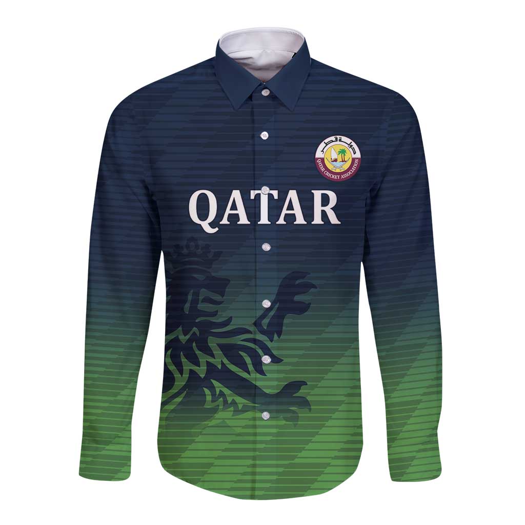 Long-sleeve button shirt with navy-green gradient, collar, Qatar front print and crest