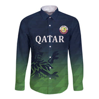 Long-sleeve button shirt with navy-green gradient, collar, Qatar front print and crest