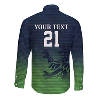 Long-sleeve button shirt back view, navy-green gradient camo pattern, YOUR TEXT 21