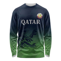 Long-sleeve cricket shirt in dark green/blue with Qatar text and crest logo
