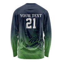 Long-sleeve cricket shirt with green-and-navy camo pattern, YOUR TEXT 21 on back