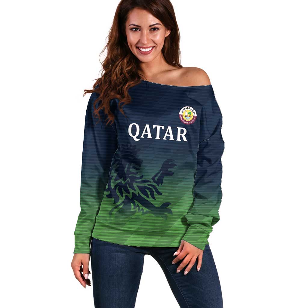 Custom Qatar Cricket Off Shoulder Sweater Green Sporty Pattern