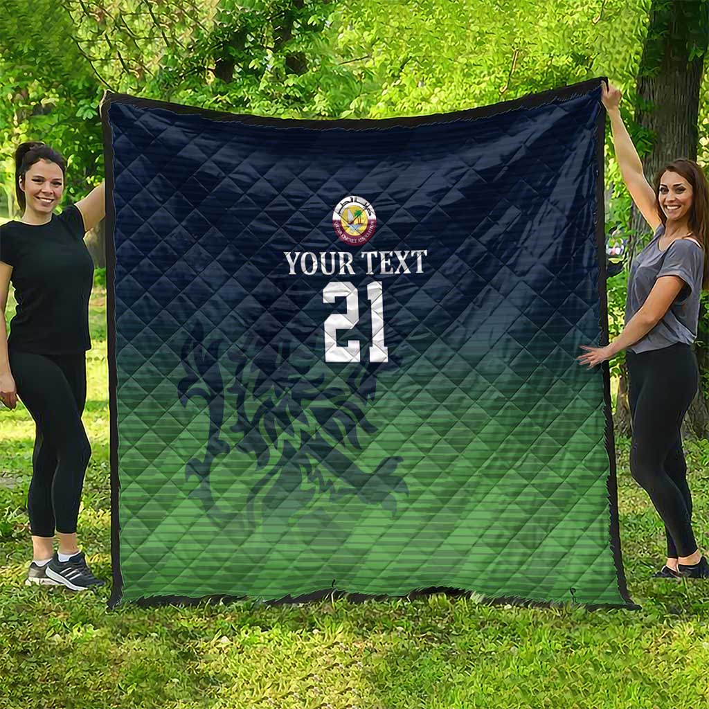 Green and dark blue quilt blanket with custom text, crest logo, and number 21