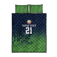 Quilt bed set with 2 pillow covers, green & navy cricket pattern, number 21
