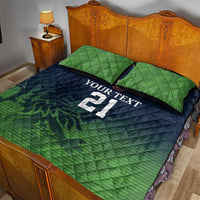Green & navy quilt bed set with 2 pillows, 'YOUR TEXT' and number 21, cricket design