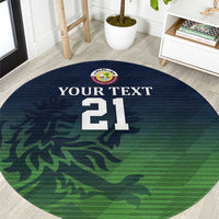 Round cricket carpet in green with crest and "YOUR TEXT 21"