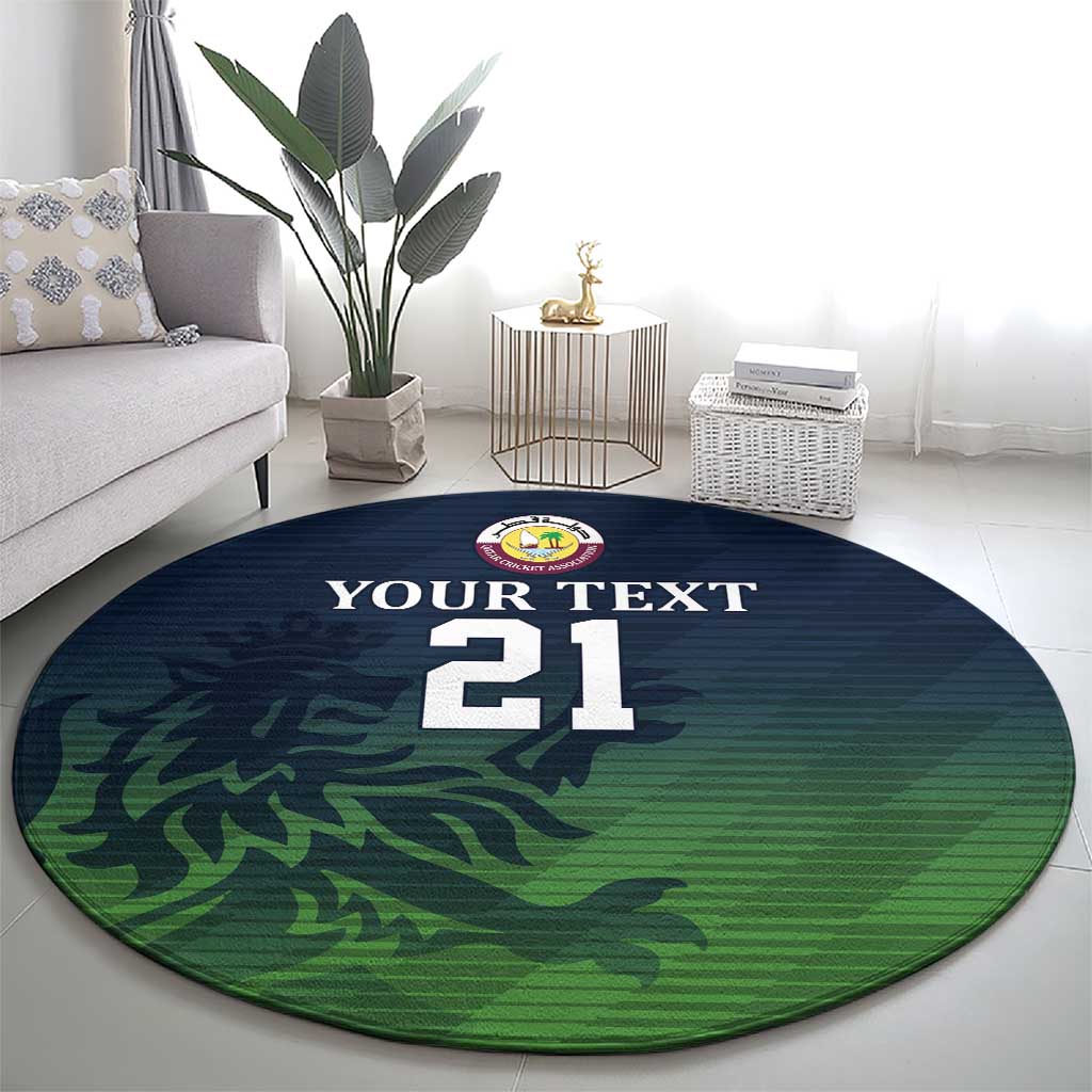 Round green cricket carpet featuring "YOUR TEXT 21" over camo-style pattern