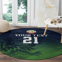 Round green cricket carpet with crest above "YOUR TEXT 21"