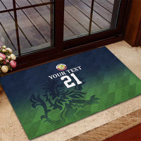 Rectangular cricket rubber doormat in green and navy with crest, YOUR TEXT, and 21