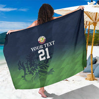 Custom cricket sarong with dark navy and green sporty pattern, text and number 21