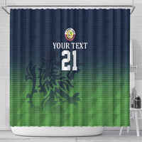 Cricket shower curtain, green/navy gradient with flame art, badge and 'YOUR TEXT 21'