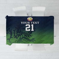 Green and navy sports-style tablecloth panel with number 21 and emblem