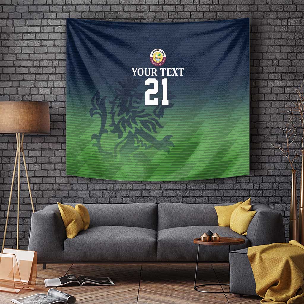 Green and blue sports tapestry wall hanging with lion graphic, crest, and number 21