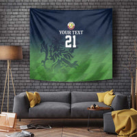 Green and blue sports tapestry wall hanging with lion graphic, crest, and number 21