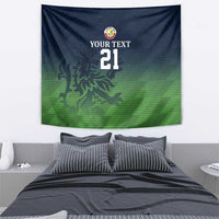 Rectangular green-blue tapestry with crest, “YOUR TEXT”, and large number 21