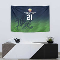 Sports-themed green and blue wall tapestry with lion emblem, “YOUR TEXT”, and 21