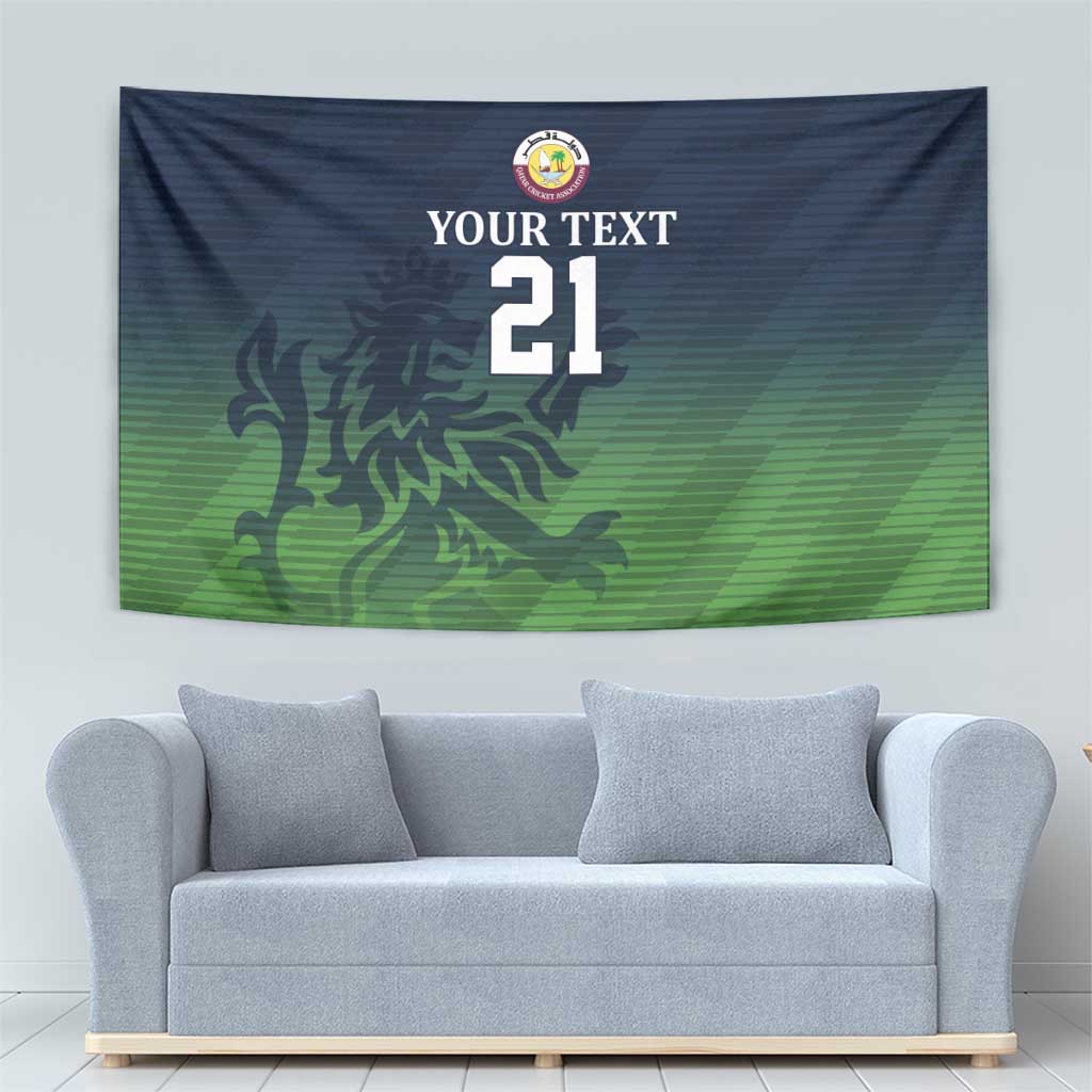 Green-blue rectangular tapestry featuring crest, “YOUR TEXT”, and number 21