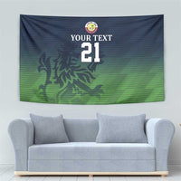 Green-blue rectangular tapestry featuring crest, “YOUR TEXT”, and number 21