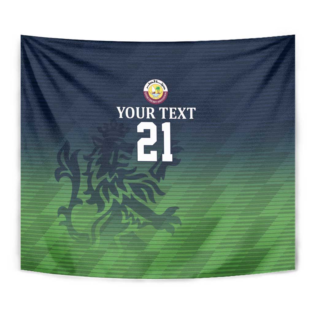 Close view of green-blue tapestry with crest, “YOUR TEXT”, and number 21