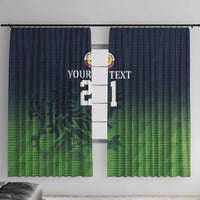 Two-panel window curtain set with dark blue top and green sporty camouflage pattern, custom text and number.