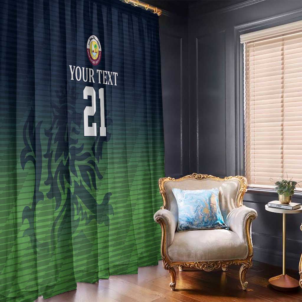 Window curtain pair in dark blue and green gradient with sporty camo pattern and custom text/number.