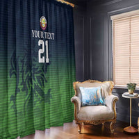 Window curtain pair in dark blue and green gradient with sporty camo pattern and custom text/number.