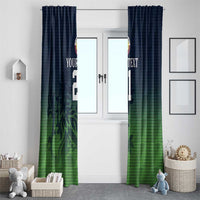 Window curtain pair in dark blue and green sporty camo gradient with custom text/number, room scene.
