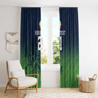 Two-panel window curtain set in dark blue and green with sporty camouflage pattern and custom text/number.