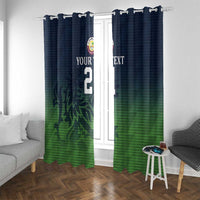 Window curtain pair with dark blue upper band and green sporty camo lower area, custom text and number.
