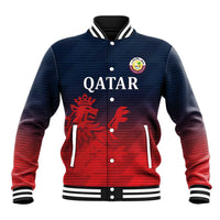 Red and navy varsity baseball jacket with striped collar, Qatar text, and lion graphic