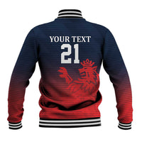 Navy and red baseball jacket back with striped collar, YOUR TEXT, 21, and lion graphic
