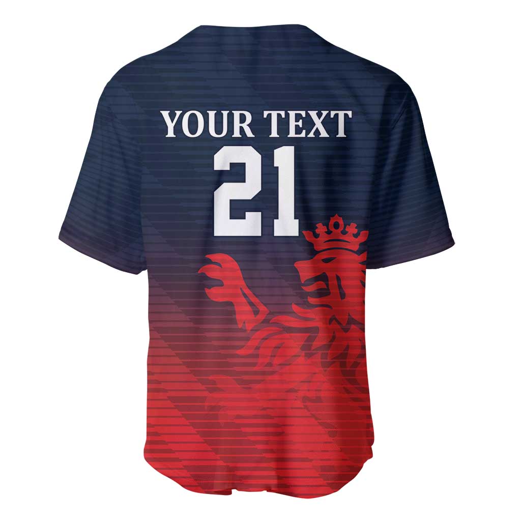 Cricket baseball jersey back view, YOUR TEXT 21 with red lion on navy pattern