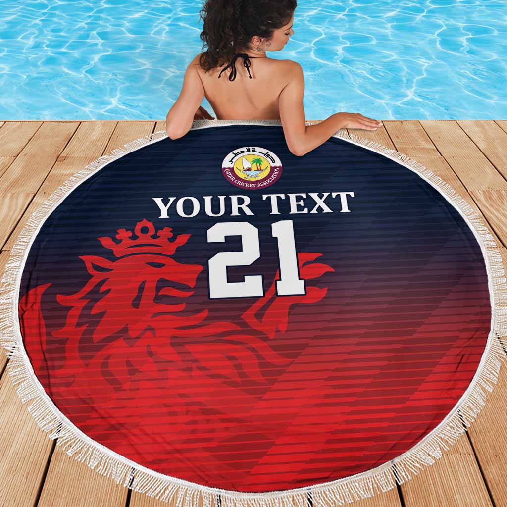 Circular beach blanket showing navy and red lion logo with "YOUR TEXT" and "21"