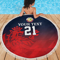 Circular beach blanket showing navy and red lion logo with "YOUR TEXT" and "21"