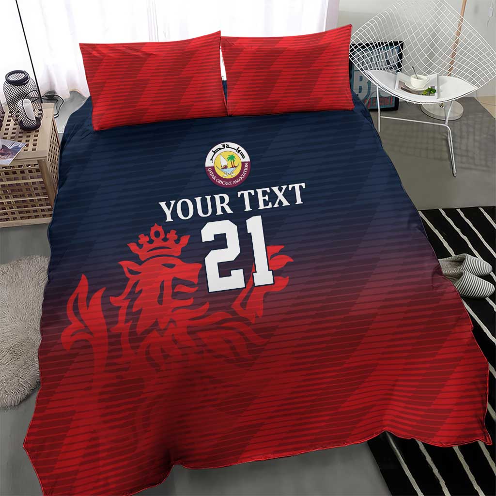 Red and dark blue bedding set with two red pillow shams showing emblem and number 21