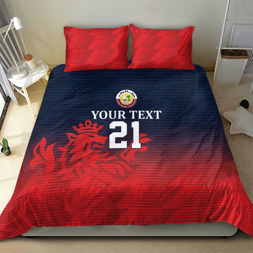 Red and dark blue cricket bedding set with two red pillow shams, dragon and number 21