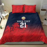 Red and dark blue cricket bedding set with two red pillow shams, dragon and number 21