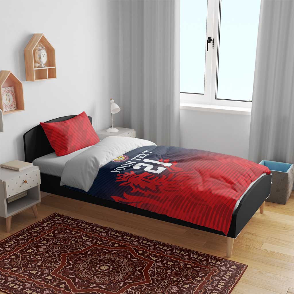 Red and dark blue duvet bedding set with red pillow shams and emblem number 21