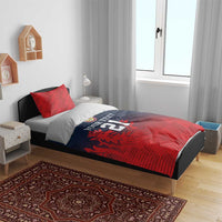 Red and dark blue duvet bedding set with red pillow shams and emblem number 21