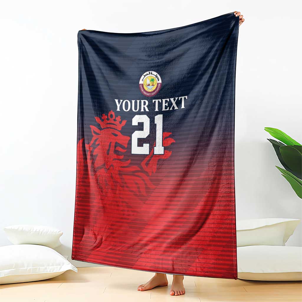 Custom Qatar cricket blanket with red and navy sporty pattern, crest and number 21