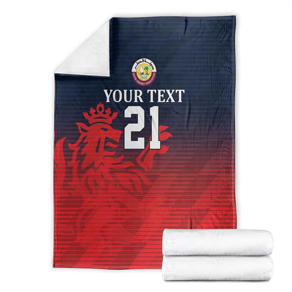 Custom Qatar cricket blanket folded, crest and number 21 on red-and-navy sporty design