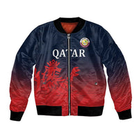 Red and navy patterned bomber jacket with front zipper, ribbed cuffs, and crest