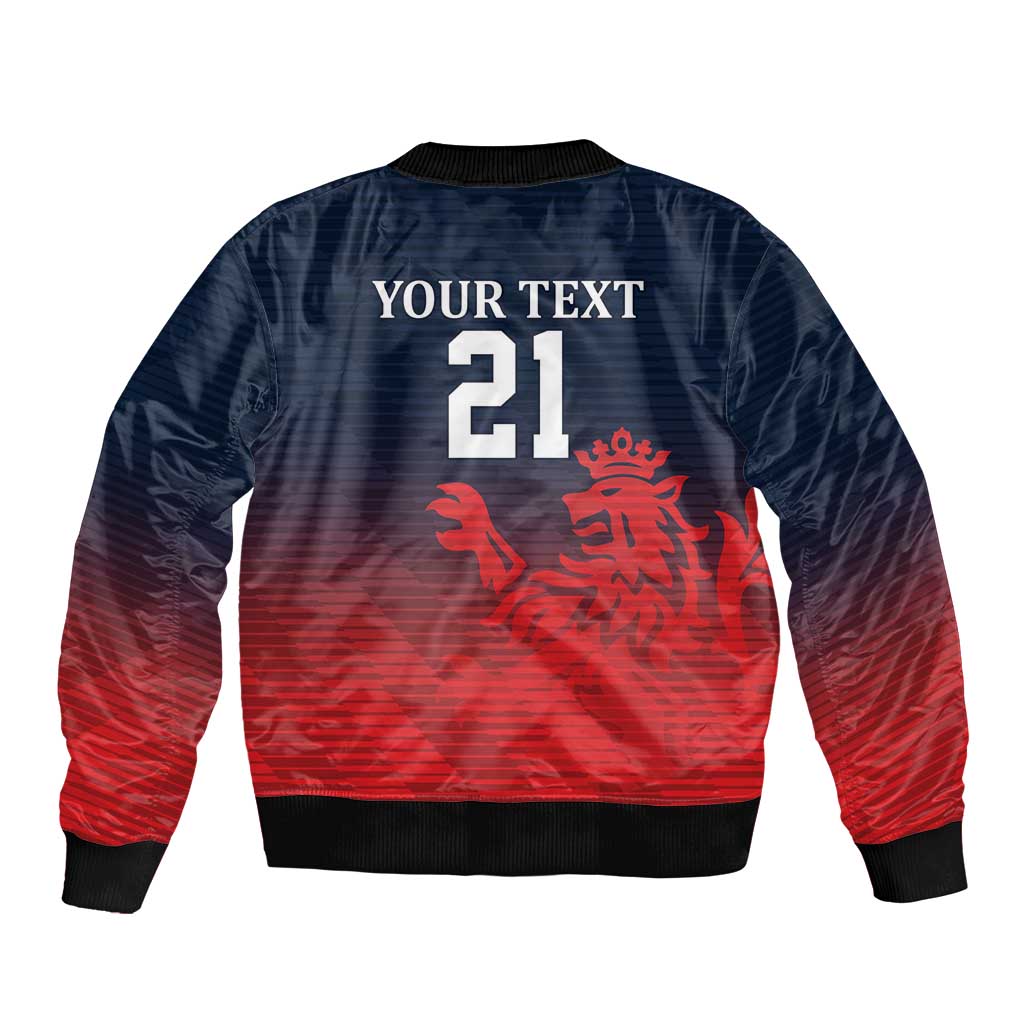 Bomber jacket back with 'YOUR TEXT 21' and red lion emblem