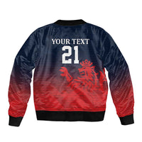 Bomber jacket back with 'YOUR TEXT 21' and red lion emblem